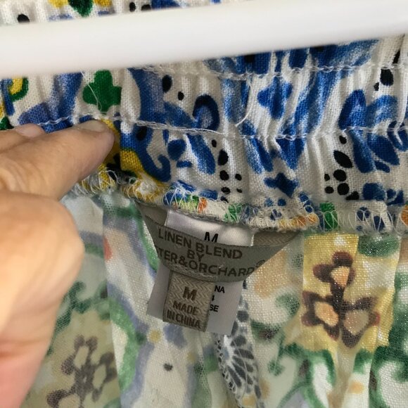 HESTER & ORCHARD size M Linen Blend Blue Green Yellow Print Cropped Pants - Picture 4 of 4